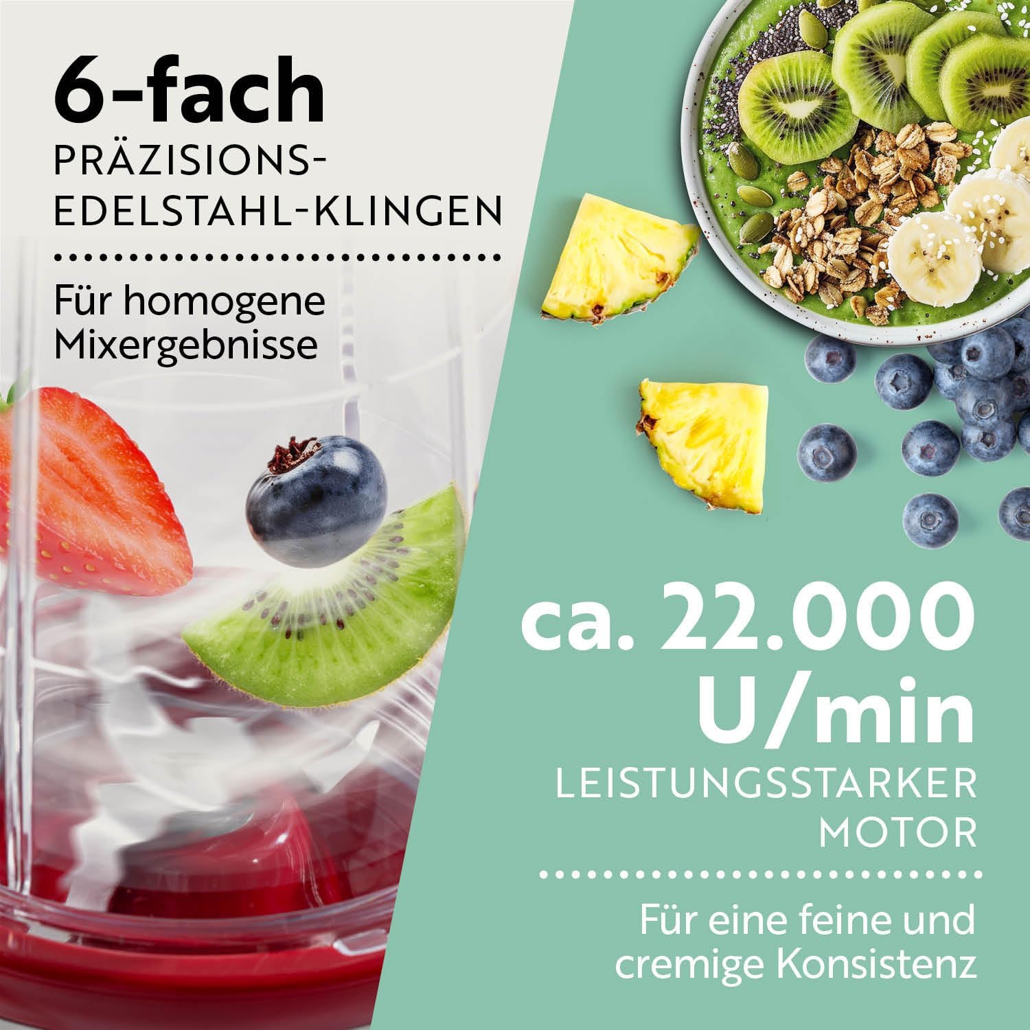 GOURMETmaxx Frullatore per Smoothie e Frullatore a Immersione Set da 18 pezzi - 400W | Frullatore Elettrico da 750ml, Mixer con 4 Bicchiere To-Go, 2 Lame, Spremiagrumi, Piedistallo e Coperchio | Lavabile in Lavastoviglie, a Prova di Perdite e Senza BPA