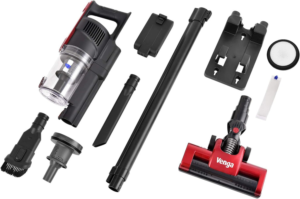 Venga! 2-in-1-Stiel- und Handstaubsauger, 4 m Anschlusskabel, beutellos, 2-in-1-Bodenbürste + 2 Extras, bis zu 20 kPa Saugleistung, rot/schwarz, 600 W, VG HVC 3001