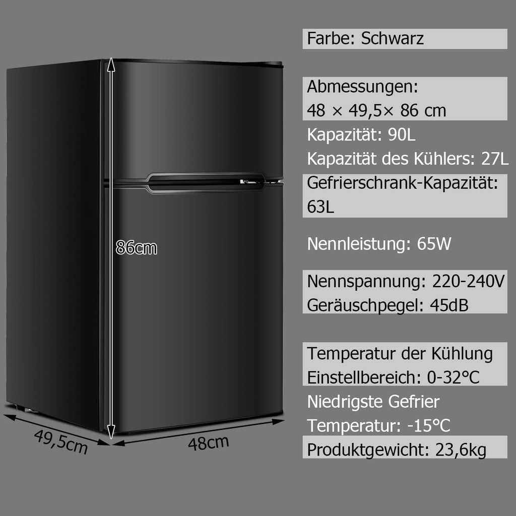 GOPLUS Frigorifero con congelatore - Combinazione frigo-congelatore / Capacità totale 90L, vano congelatore 27L / Termostato regolabile / Illuminazione interna a LED / Cerniera porta reversibile (Bianco)