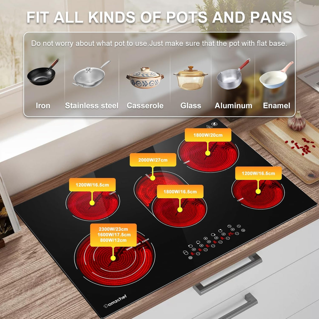 AMZCHEF Induktionskochfeld 60cm mit Zwei Flexzonen, 4 Zonen Induktionskochplatte mit Boost-Funktion und 9 Leistungsstufen, Touch-Bedienung, Timer, Sicherheitsschloss, Überhitzungsschutz, BBQ, 7200W