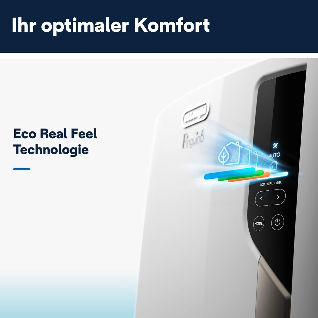 De'Longhi Pinguino PAC EM82, Condizionatore Portatile per ambienti fino a 80 m, 9.400 BTU, 2,4 kW, 63 dB, Funzione Deumidificatore, Classe Energetica A, Timer 24h, Bianco