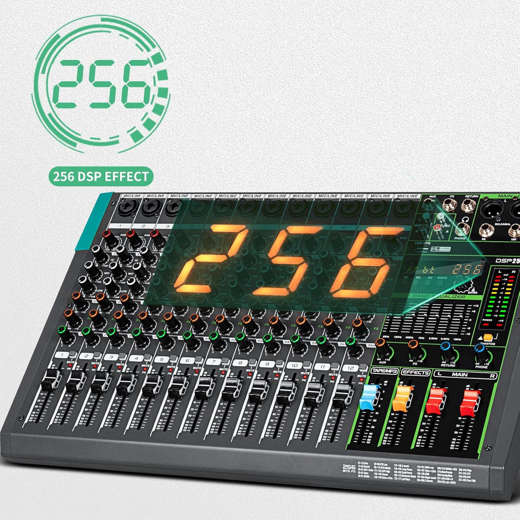 Depusheng PA12 Mixer DJ Professionale a 12 Canali con 256 Effetti DSP, Ingresso Bluetooth, Lettore USB, Alimentazione Phantom 48V