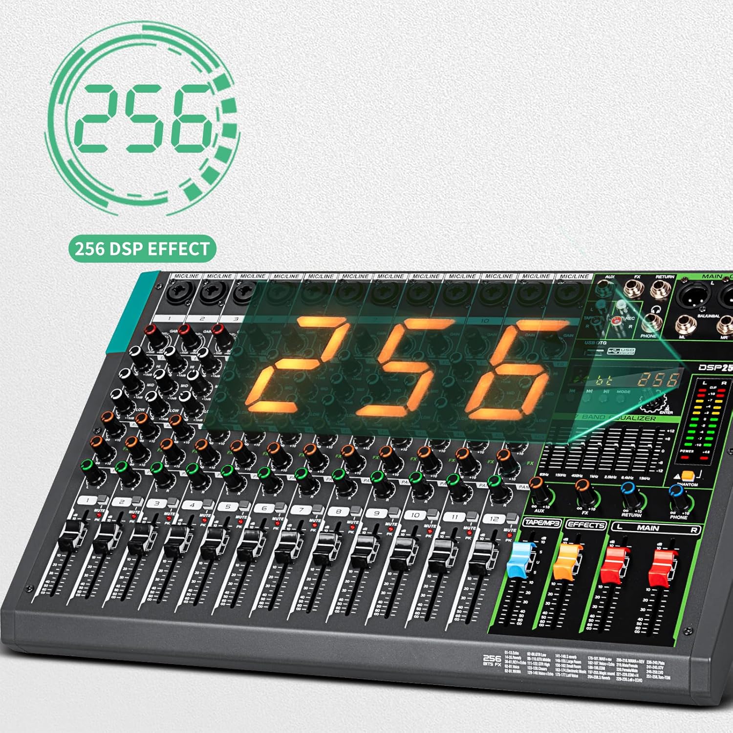 Depusheng PA12 Mixer DJ Professionale a 12 Canali con 256 Effetti DSP, Ingresso Bluetooth, Lettore USB, Alimentazione Phantom 48V