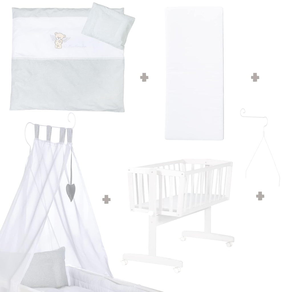 roba Babywiege 40 x 90 cm Adam & Eule - Stubenwagen & Wiege mit Rollen - Bett Set komplett mit Feststellfunktion - Inkl. textiler Ausstattung - Holz weiß
