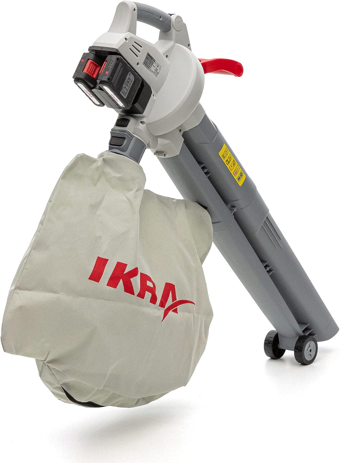 IKRA 74003200 Batteria Soffiatore Aspiratore Trituratore 3in1 ICBV 2/20 incl. 2 batterie e caricatore doppio rapido, 40 V, Grigio/Rosso