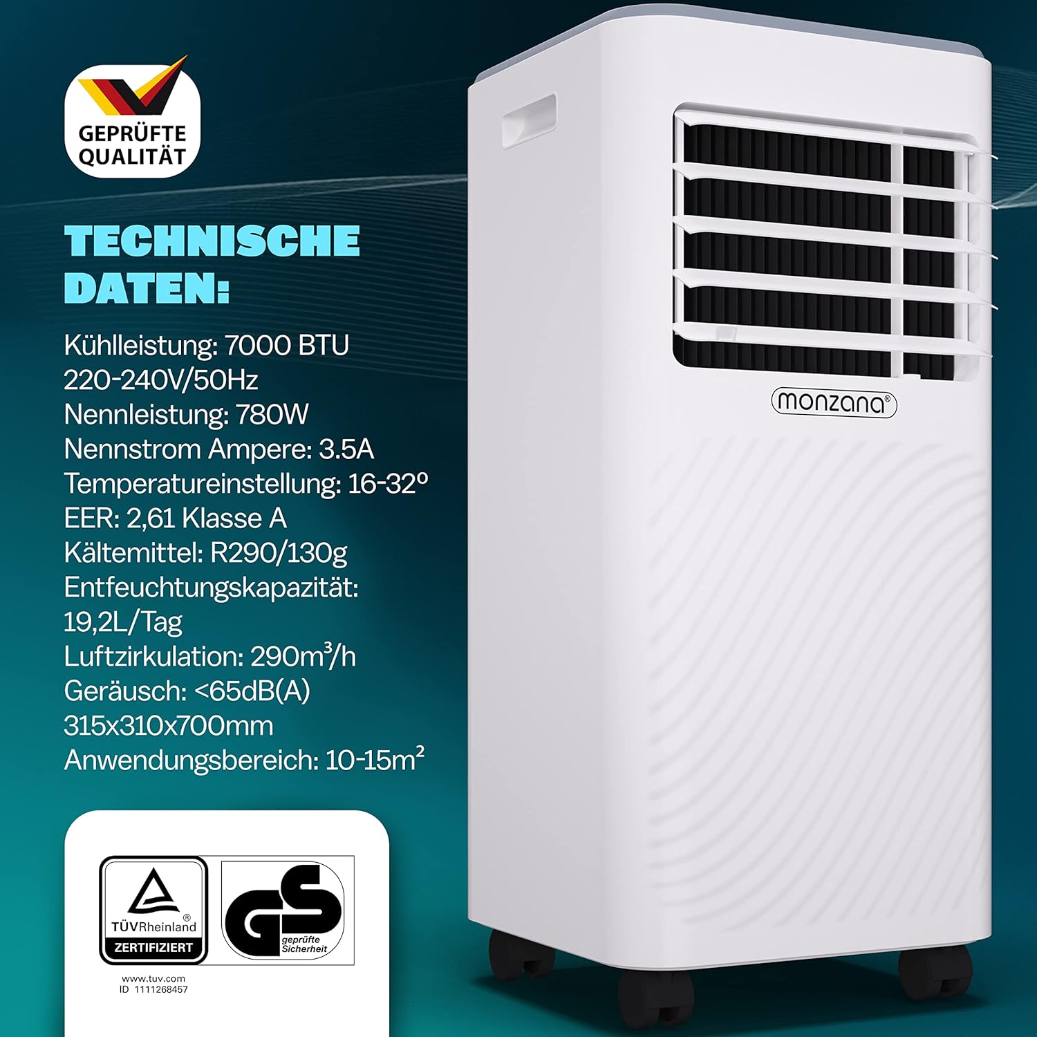 Monzana® climatizzatore portatile MZKA2000 tubo di scarico 7000BTU 3in1 750W timer 24h 25mq telecomando deumidificatore kit per tapparelle
