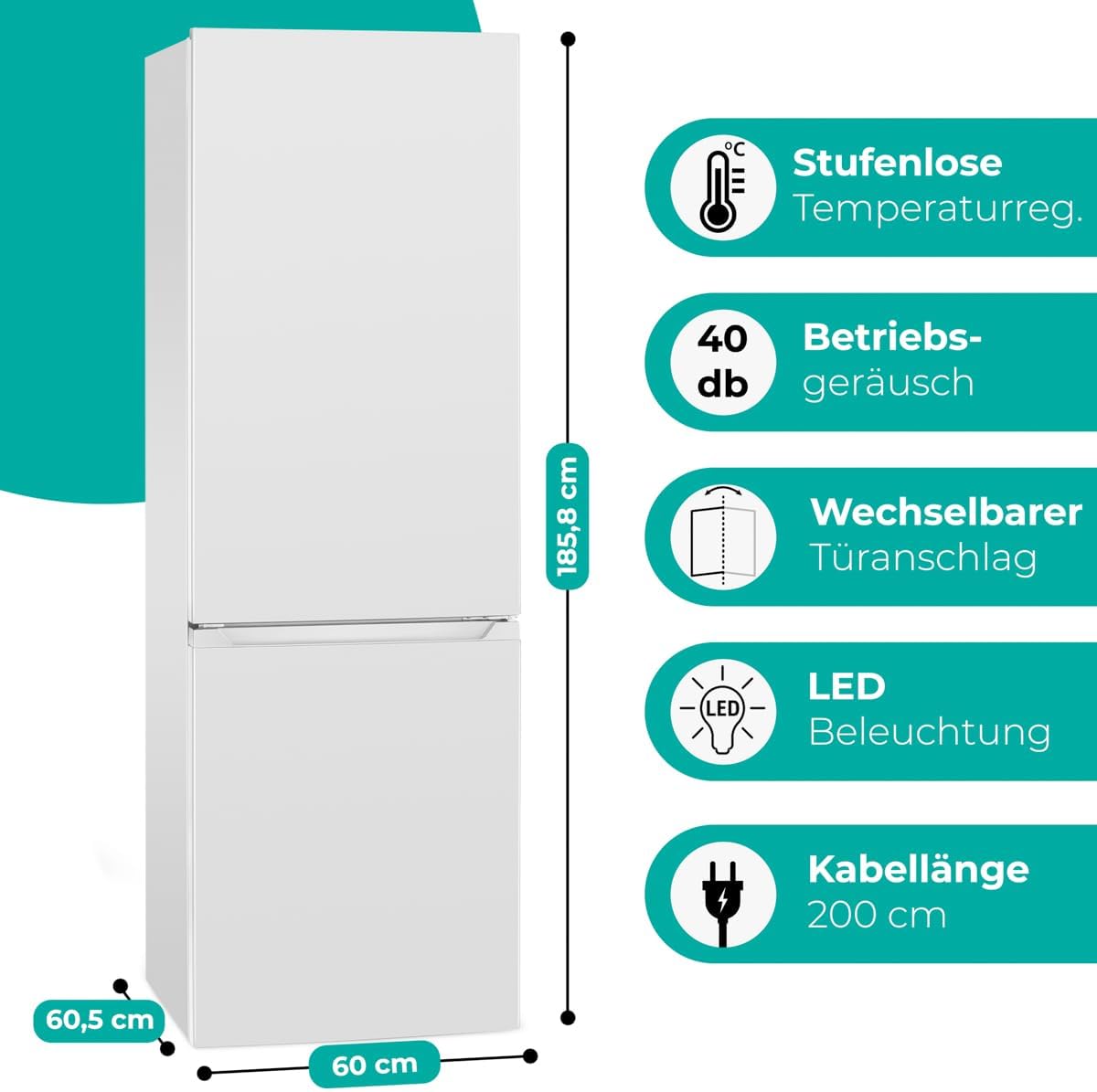 Combinazione frigo-congelatore Bomann®, capacità netta 269 L - Frigorifero: 198 L | Congelatore: 71 L, a risparmio energetico, silenzioso 39 dB, LED, porta reversibile, Altezza: 180 x Larghezza: 55 x Profondità: 55,8 cm - KG 184.1 bianco
