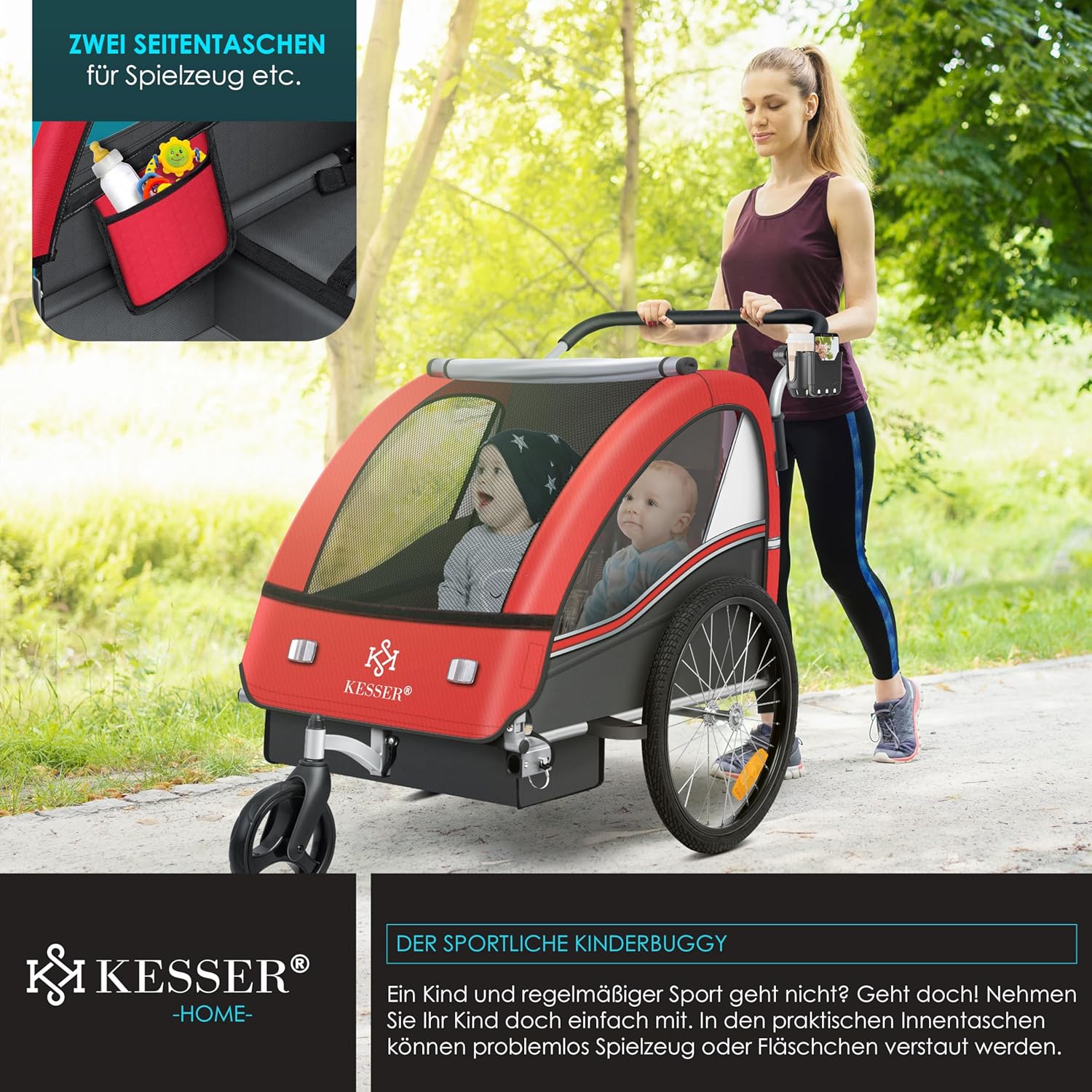KESSER® Kinderfahrradanhänger Sport-RX 2in1 Jogger & Buggy 5-Punkt-Gurt Sicherheitsgurt 360° Vorderrad Kinderfahrradanhänger Reflektoren für 1-2 Kinder (max. 40 kg) Getränkehalter & Smartphonefach