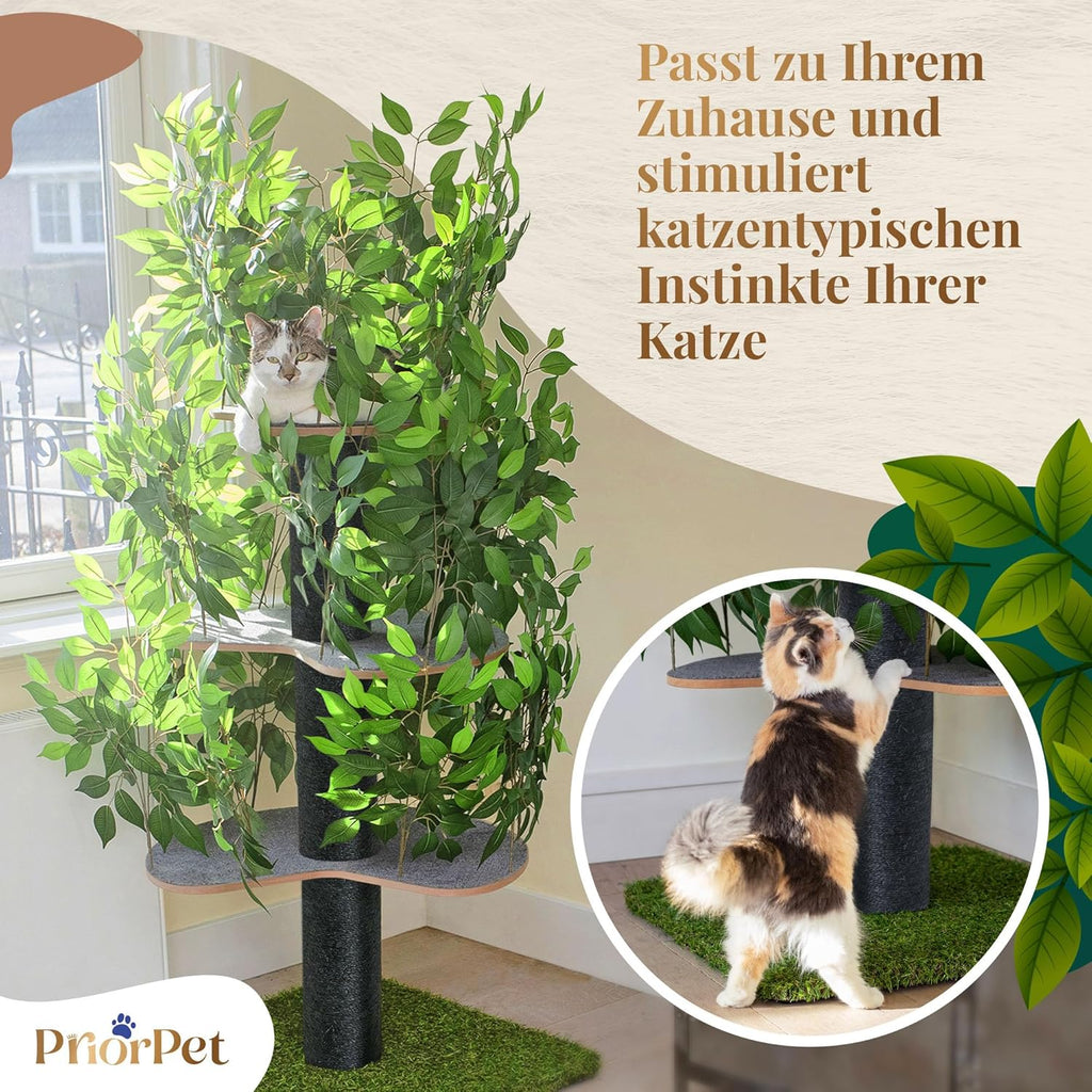 Tiragraffi albero naturale per arrampicarsi, nascondersi e dormire - grande con foglie intercambiabili - a più livelli, facile da montare - materiali sicuri per animali domestici, durevole e robusto albero per gatti brevettato