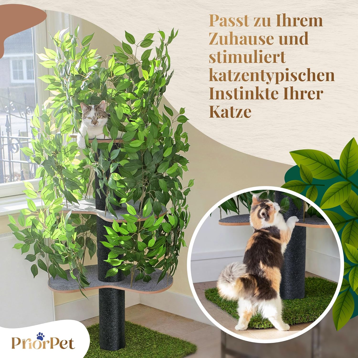 Tiragraffi albero naturale per arrampicarsi, nascondersi e dormire - grande con foglie intercambiabili - a più livelli, facile da montare - materiali sicuri per animali domestici, durevole e robusto albero per gatti brevettato