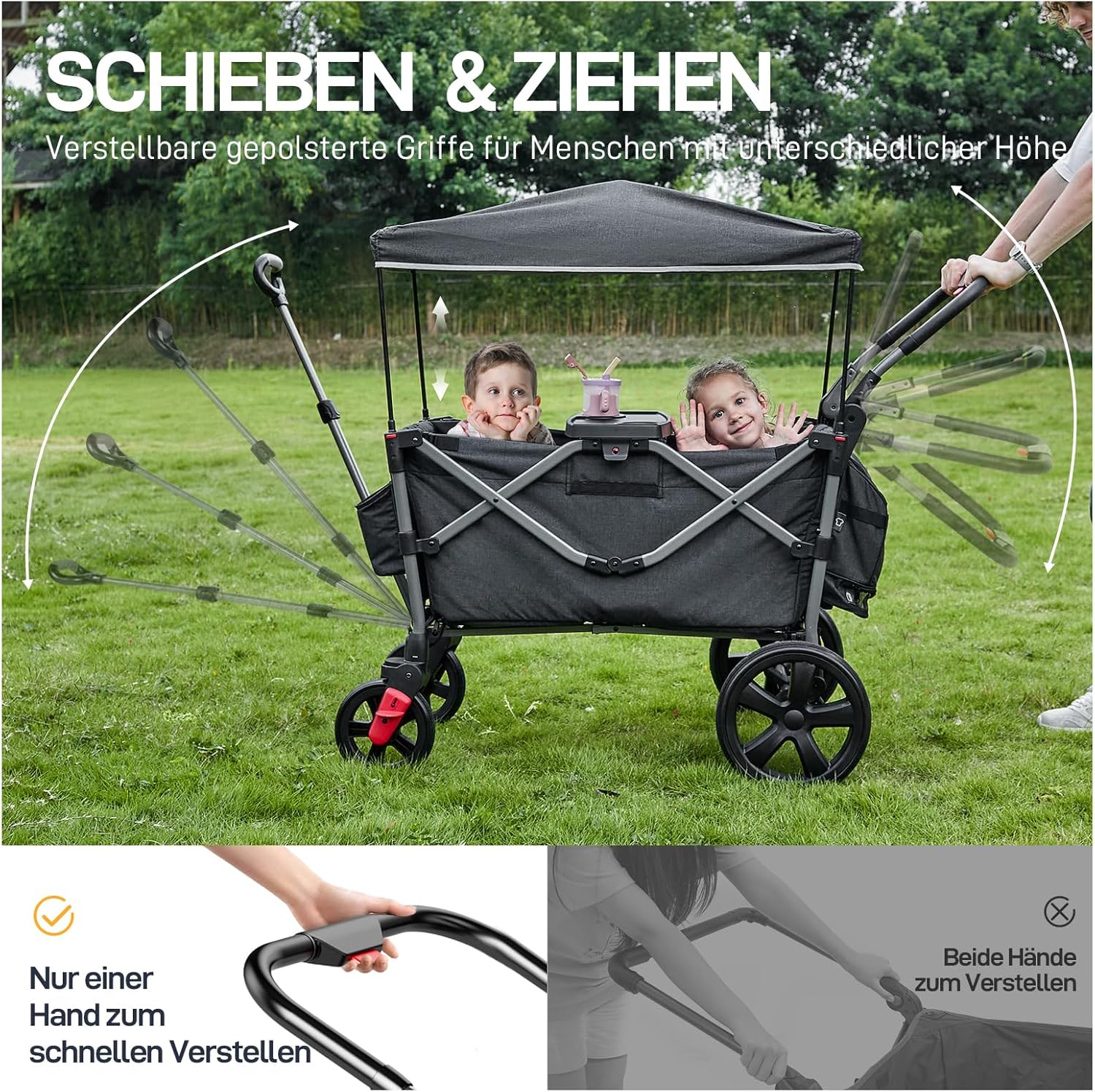 EVER ADVANCED Carretto per 2 bambini pieghevole con tetto, passeggino con cinture di sicurezza a 5 punti, zaino fasciatoio, carretto con sedile, carrello di trasporto, spinta e trazione, freno a pedale