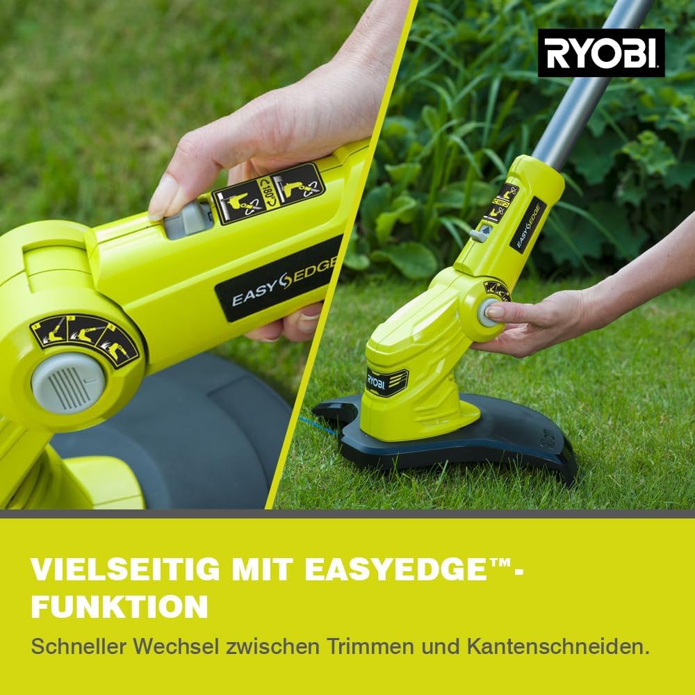RYOBI 18 V ONE+ Akku-Rasentrimmer mit Radführung RY18LT33A-0 (33 cm Kantenschneidefunktion mit Fußsteuerung, Ø Fadenspule 1 x 1,65 mm, ohne Akku und Ladegerät)