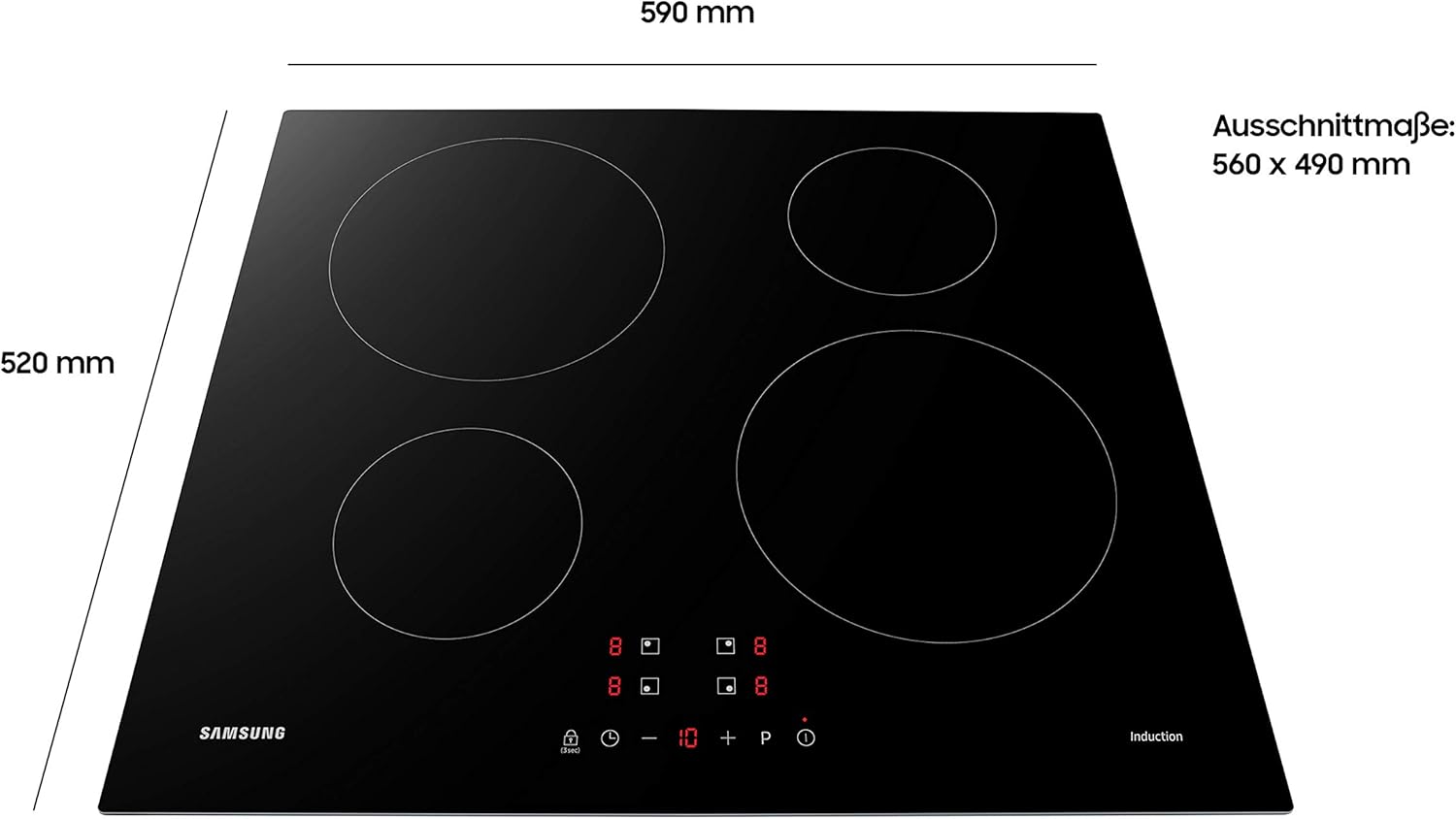 Samsung NZ64M3NM1BB Piano Cottura a Induzione Autonomo, Piastra in Vetroceramica da 60 cm, Senza Cornice, 4 Zone di Cottura con Controllo Touch, 9 Livelli di Potenza, 4 Booster, Sicurezza Bambini, Nero