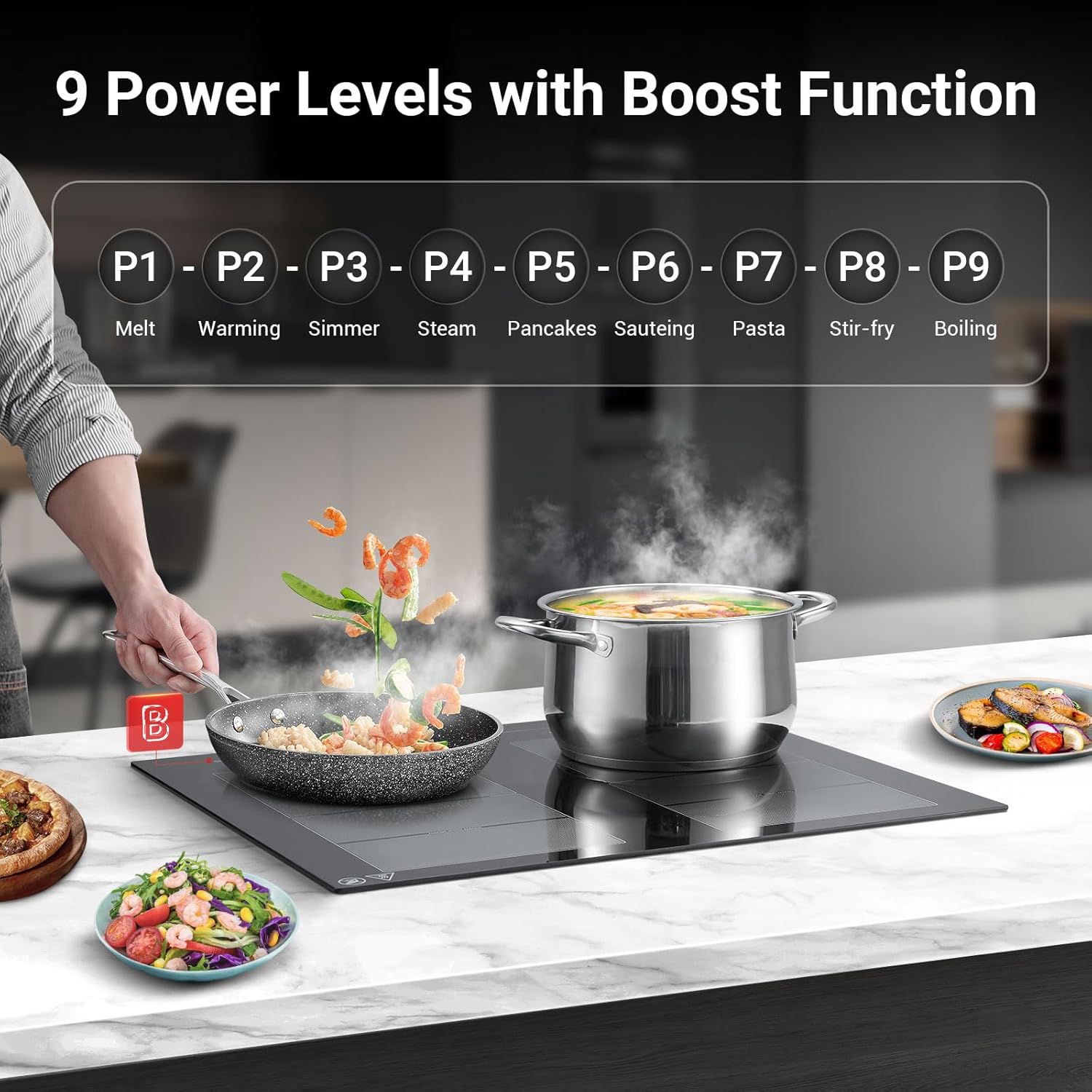 AMZCHEF Piano cottura a induzione con due zone flessibili, piano cottura a induzione a 4 zone con funzionamento silenzioso (42 dB), 9 livelli di potenza e Booster - Funzione BBQ, funzione Pausa e Mantieni caldo, 7400 W