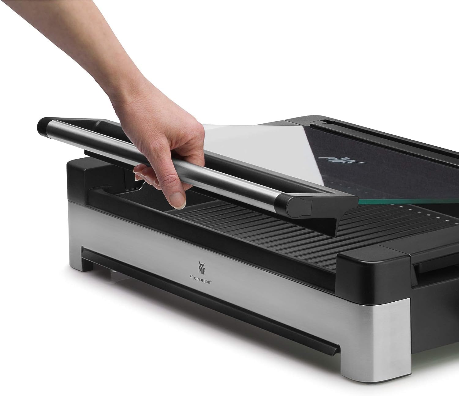 WMF Lono Barbecue elettrico da tavolo con coperchio in vetro, piastra rivestita, vaschetta raccogli-grasso rimovibile, lavabile in lavastoviglie, acciaio inox opaco, 2200 Watt