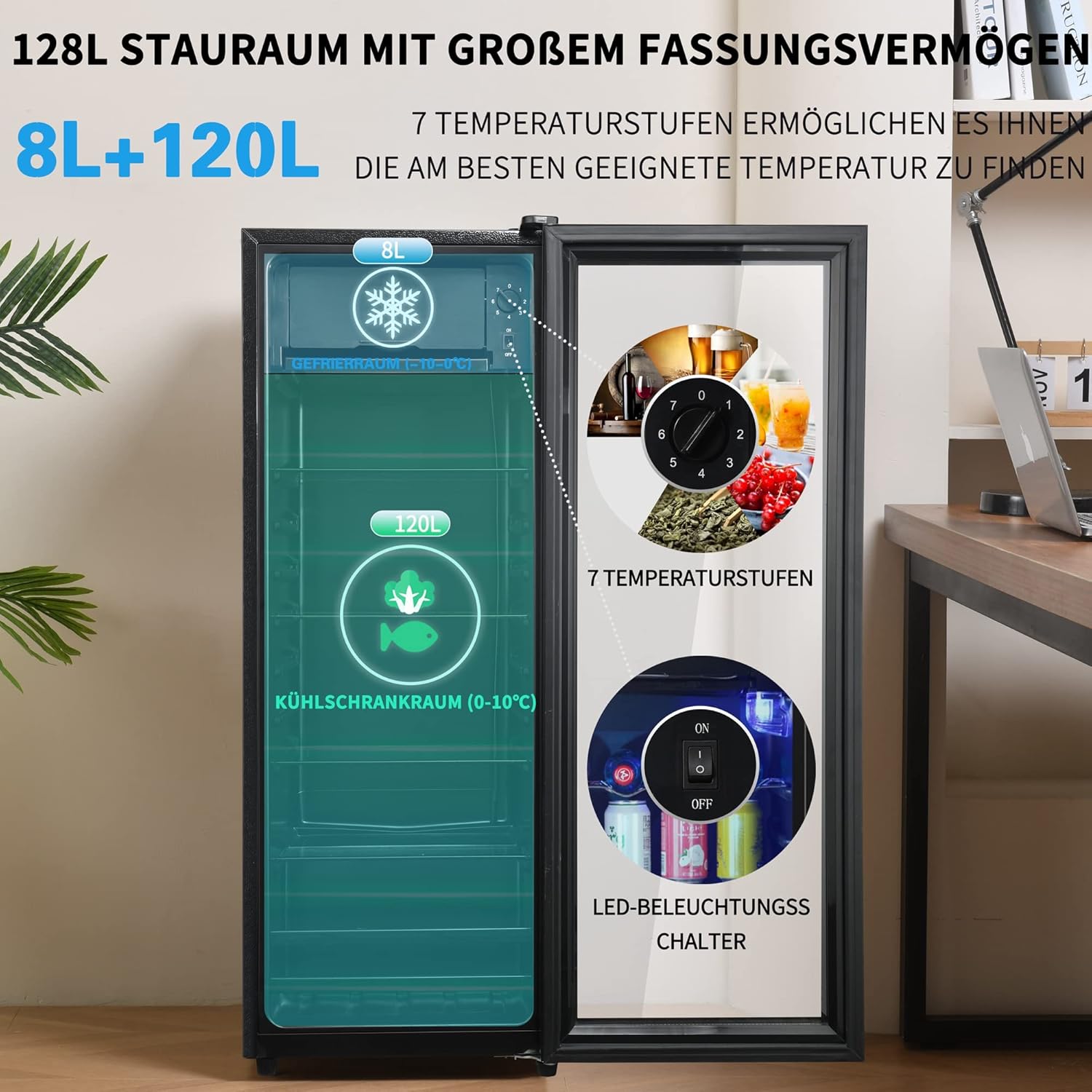 Frigorifero Merax 128L, Frigorifero da incasso per bevande con frigorifero da 120L + congelatore da 8L, con luce LED interna e ripiani regolabili, silenziosissimo per ristorante, bar, bevande e birra