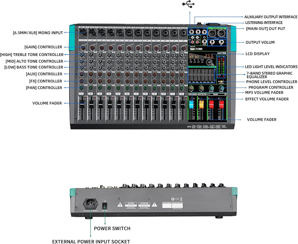 Depusheng PA12 Mixer DJ Professionale a 12 Canali con 256 Effetti DSP, Ingresso Bluetooth, Lettore USB, Alimentazione Phantom 48V