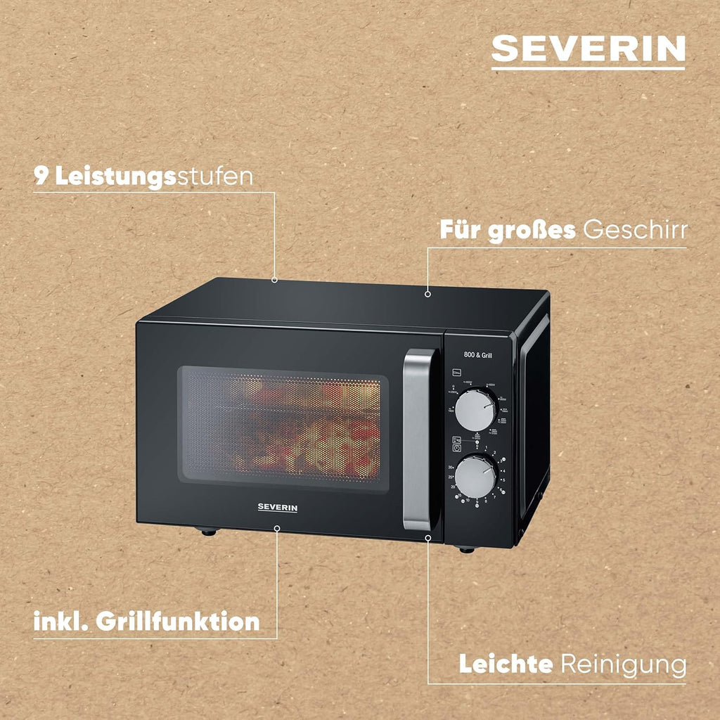 SEVERIN 2-in-1 Mikrowelle mit Grill 800 W, Grillofen mit 25 L Kapazitt und 9 Leistungsstufen, Mikrowelle mit Grillrost und Drehteller, silber, MW 7785