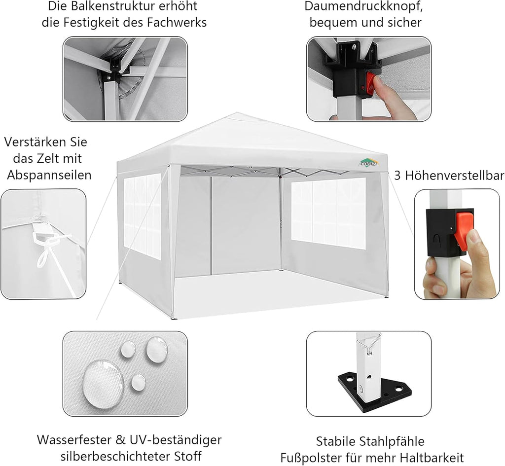 COBIZI Gazebo Pieghevole 3x6 Impermeabile Stabile con 6 Pareti Laterali, Tenda a Padiglione con Tetto a Punta, 3 Altezze Regolabili, Protezione UV, Borsa per Il Trasporto, Picchetti, Corde per Giardino, Matrimoni, Mercati, Eventi all'Aperto