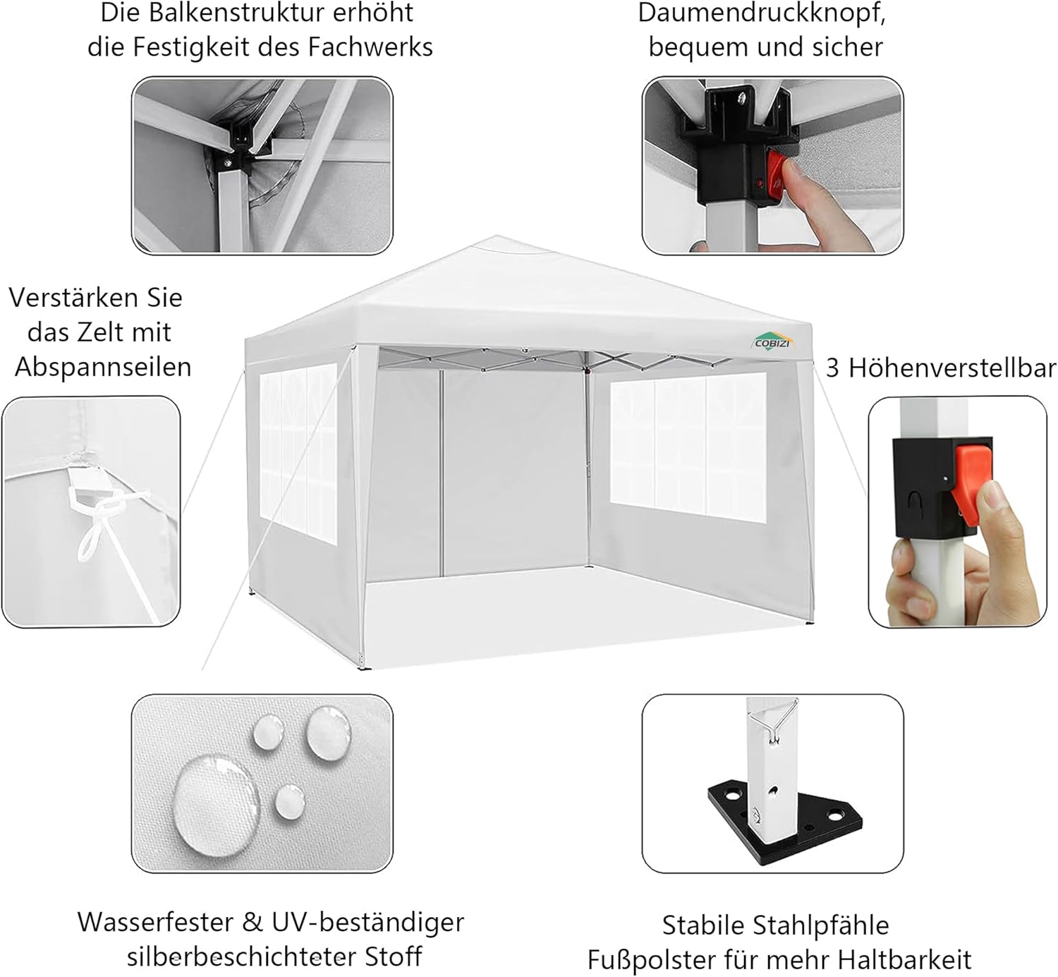 COBIZI Gazebo Pieghevole 3x6 Impermeabile Stabile con 6 Pareti Laterali, Tenda a Padiglione con Tetto a Punta, 3 Altezze Regolabili, Protezione UV, Borsa per Il Trasporto, Picchetti, Corde per Giardino, Matrimoni, Mercati, Eventi all'Aperto