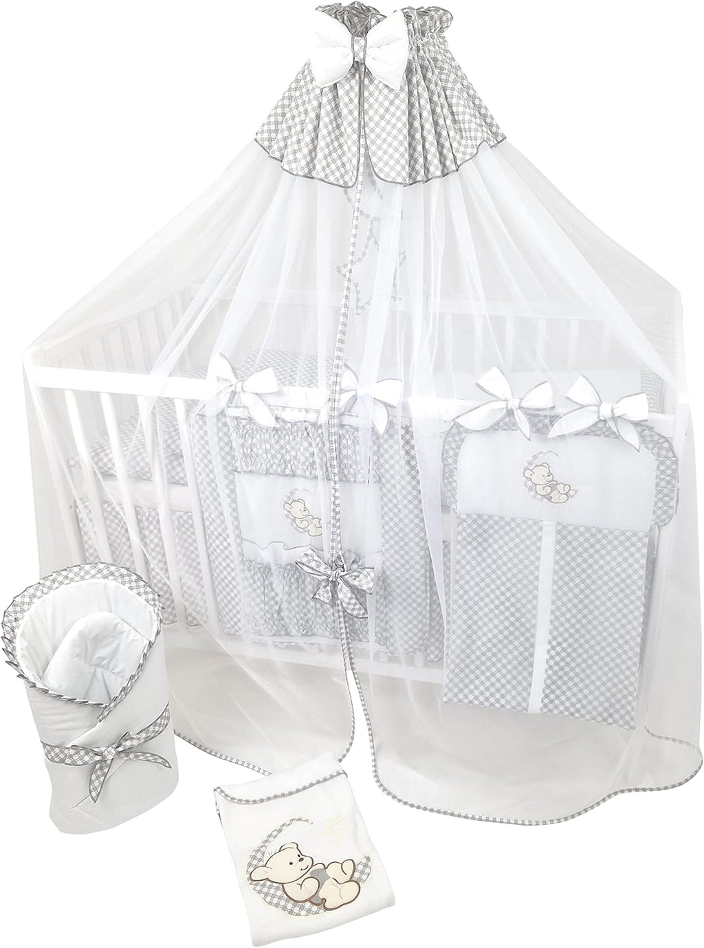 Bello24 - Set completo di 16 pezzi per culla e biancheria da letto Happy Leo, con materasso regolabile in altezza per neonati e bambini piccoli, in legno massello (Grigio - Orsetto Luna)