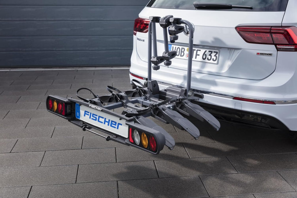 Fischer Portabici da Gancio Traino Proline Evo 2, per 2 biciclette fino a 60 kg di carico utile, adatto per e-bike, preassemblato, con serratura, pieghevole