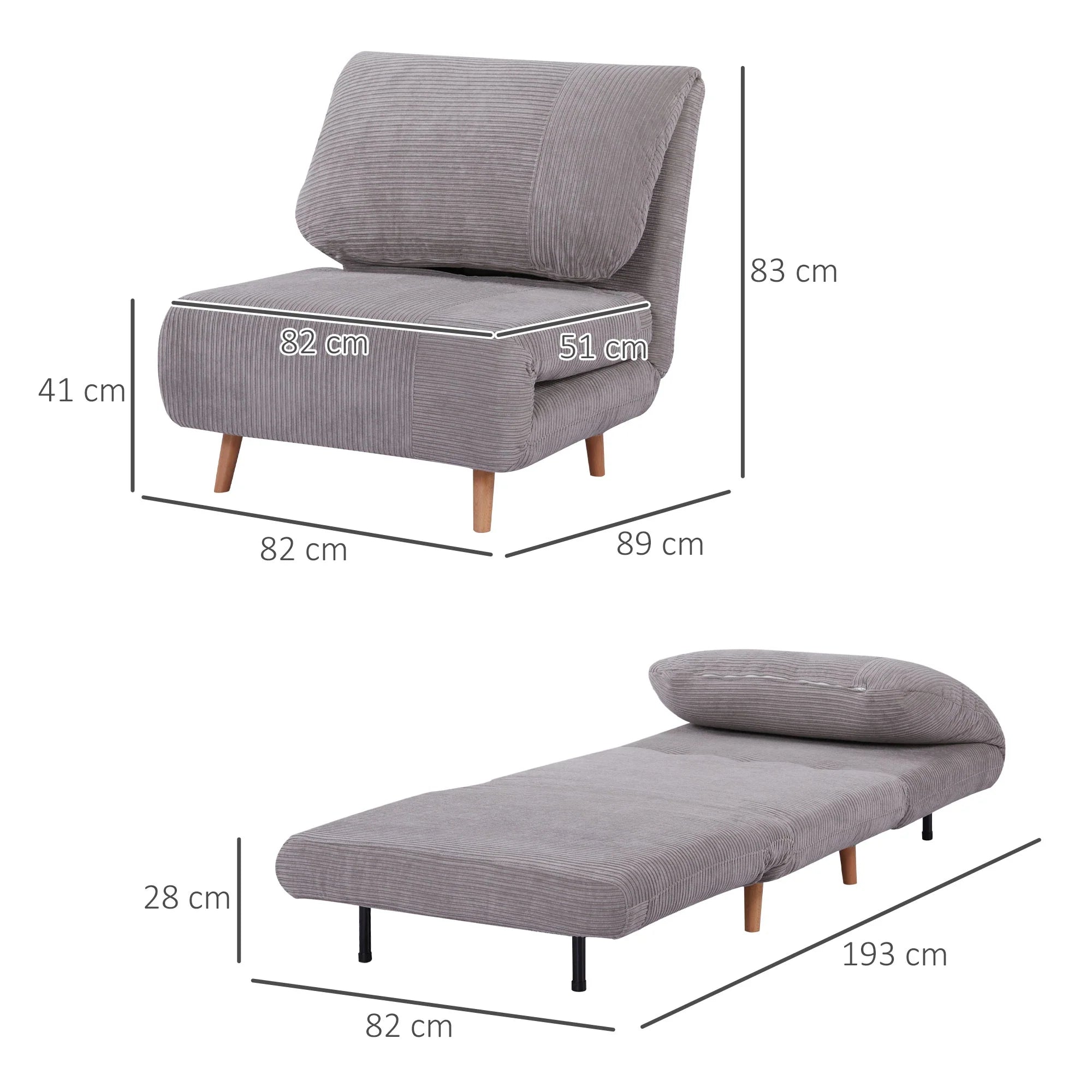 HOMCOM Poltrona Letto Divano Letto 2 in 1 Schienale Regolabile Grigio Chiaro