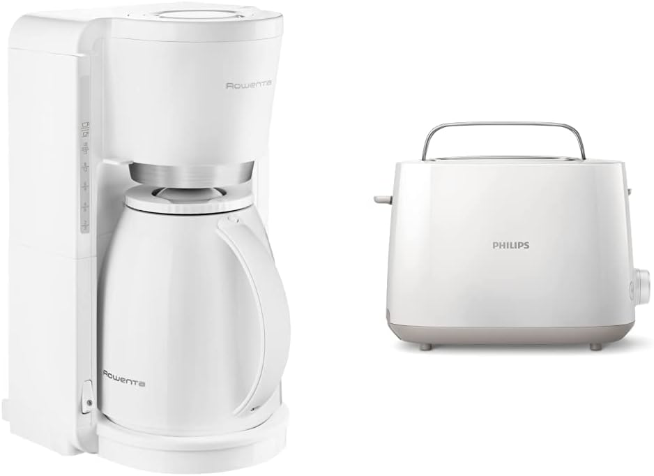 Rowenta CT3801 Filter- Kaffeemaschine Adagio Milano | Mit Kunststoff-Thermokanne | 8-12 Tassen | Wei/Edelstahl & Philips Toaster – 2 Toastschlitze, 8 Stufen, Brtchenaufsatz, wei (HD2581/00)