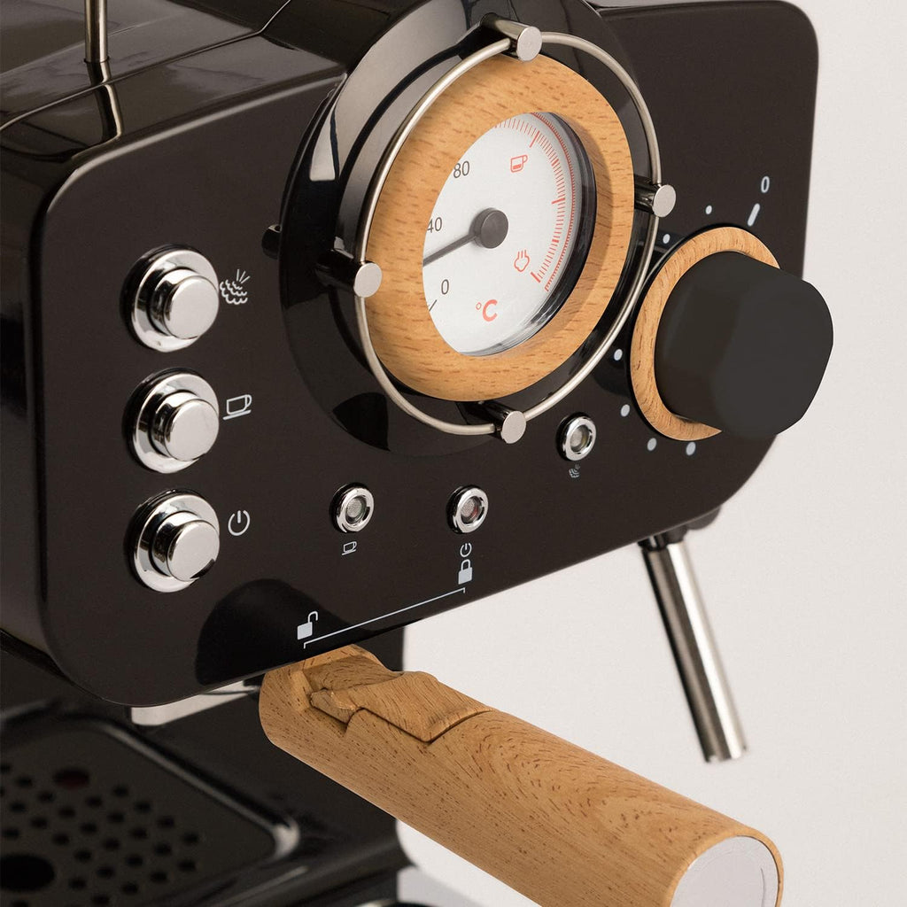CREATE / THERA RETRO/Macchina da caffè espresso semiautomatica Rosa Pastello Opaco e Legno / Pompa a pressione 20bar, 1100W, Serbatoio acqua 1.25L, per caffè macinato, cialde ESE 55mm, con vaporizzatore, 1100W