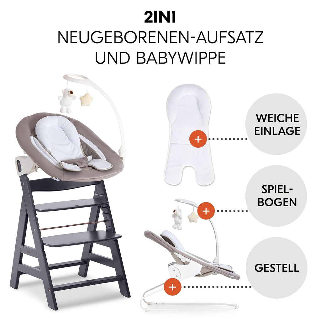 hauck Alpha Plus Newborn Set Deluxe - Seggiolone Pappa Legno da Nascita con Funzione Sdraietta - include Sdraietta per Neonato & Cuscino - Evolutivo, Regolabile - Dark Grey