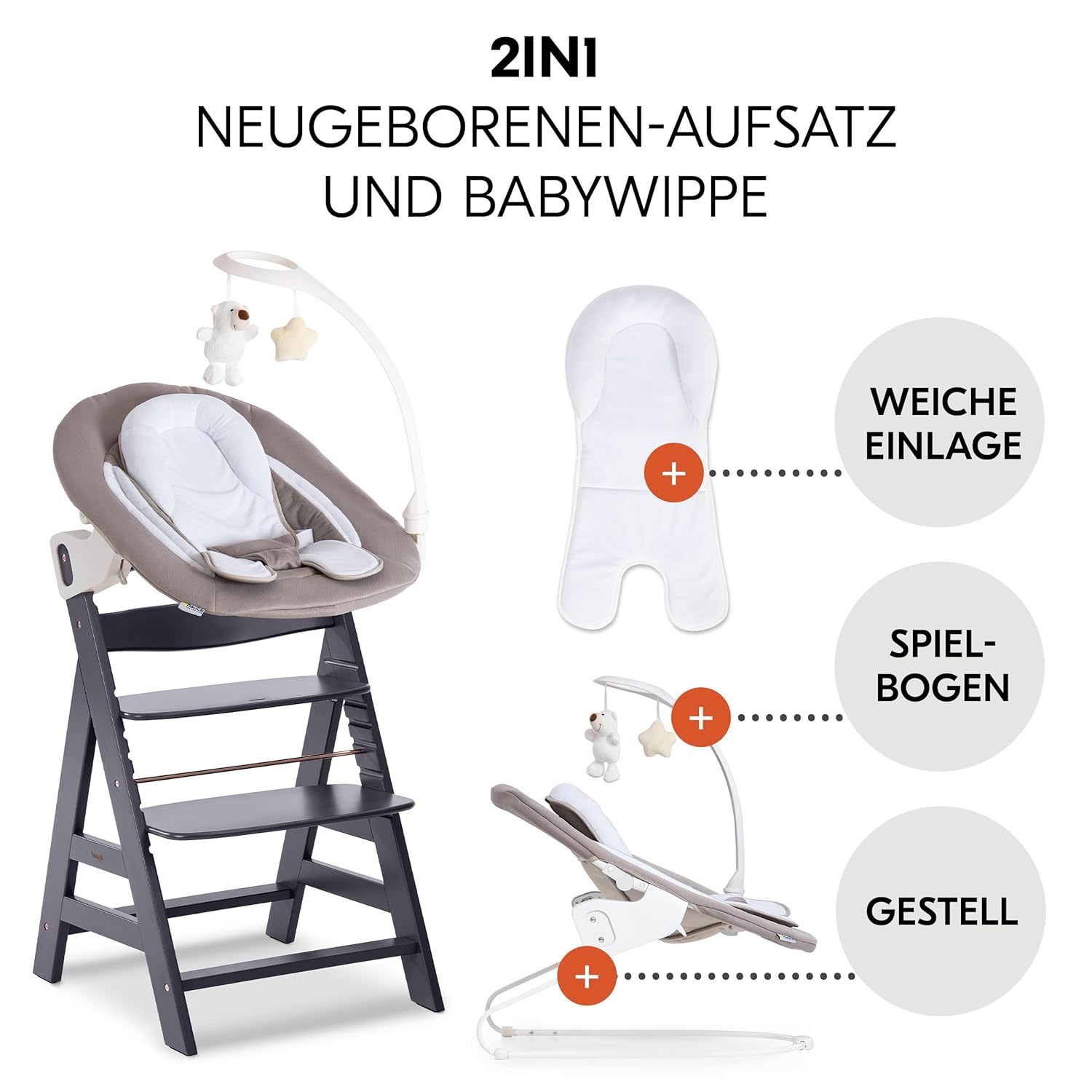 hauck Alpha Plus Newborn Set Deluxe - Seggiolone Pappa Legno da Nascita con Funzione Sdraietta - include Sdraietta per Neonato & Cuscino - Evolutivo, Regolabile - Dark Grey