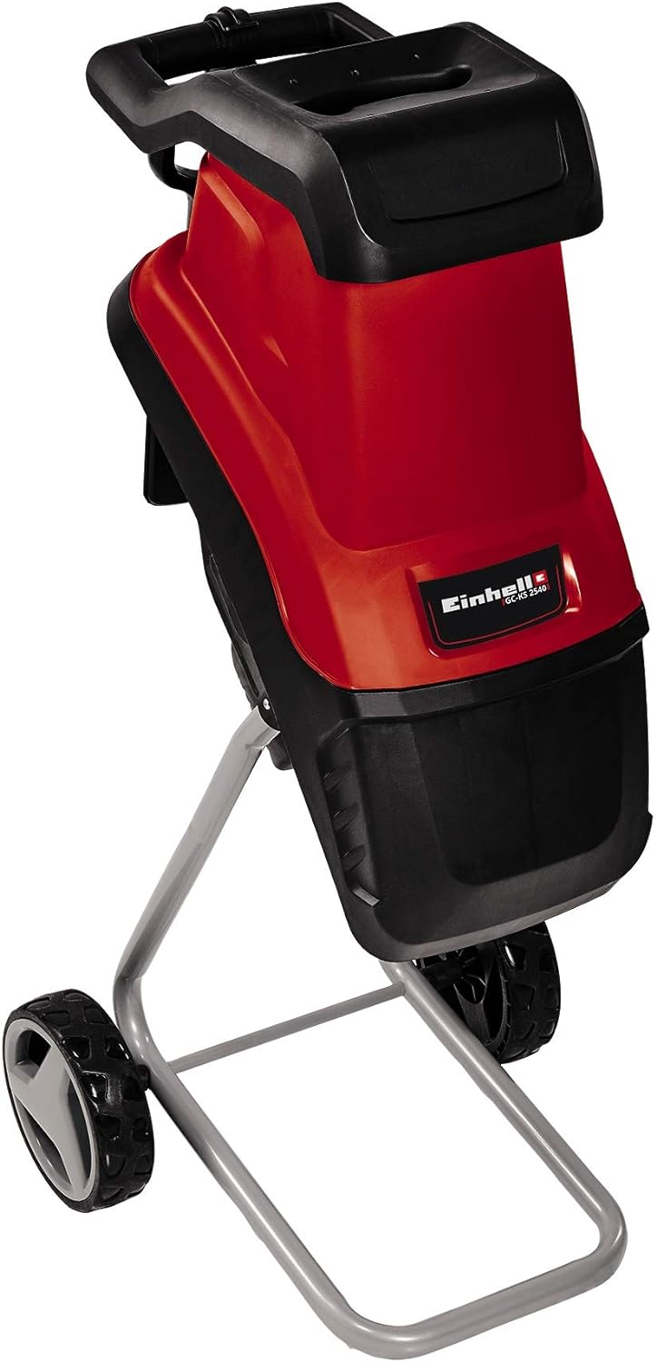 Trituratore elettrico a lama Einhell GC-KS 2540 (2 lame reversibili in acciaio speciale, ampia apertura a imbuto, interruttore di protezione motore, sacco di raccolta, maniglia di trasporto inclusa pressa), rosso