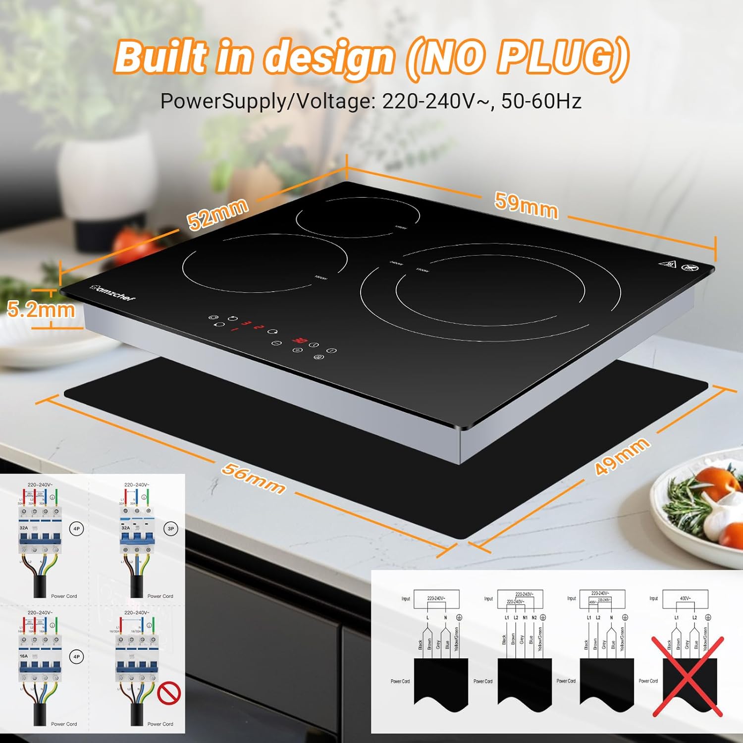 AMZCHEF Induktionskochfeld 60cm mit Zwei Flexzonen, 4 Zonen Induktionskochplatte mit Boost-Funktion und 9 Leistungsstufen, Touch-Bedienung, Timer, Sicherheitsschloss, Überhitzungsschutz, BBQ, 7200W