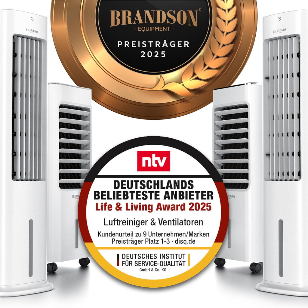 Brandson - Raffrescatore evaporativo 5 in 1 - Refrigeratore evaporativo, umidificatore, ventilatore e purificatore d'aria, condizionatore d'aria portatile senza tubo di scarico - Vincitore del premio 2025 - Silenzioso - Serbatoio dell'acqua da 5 litri