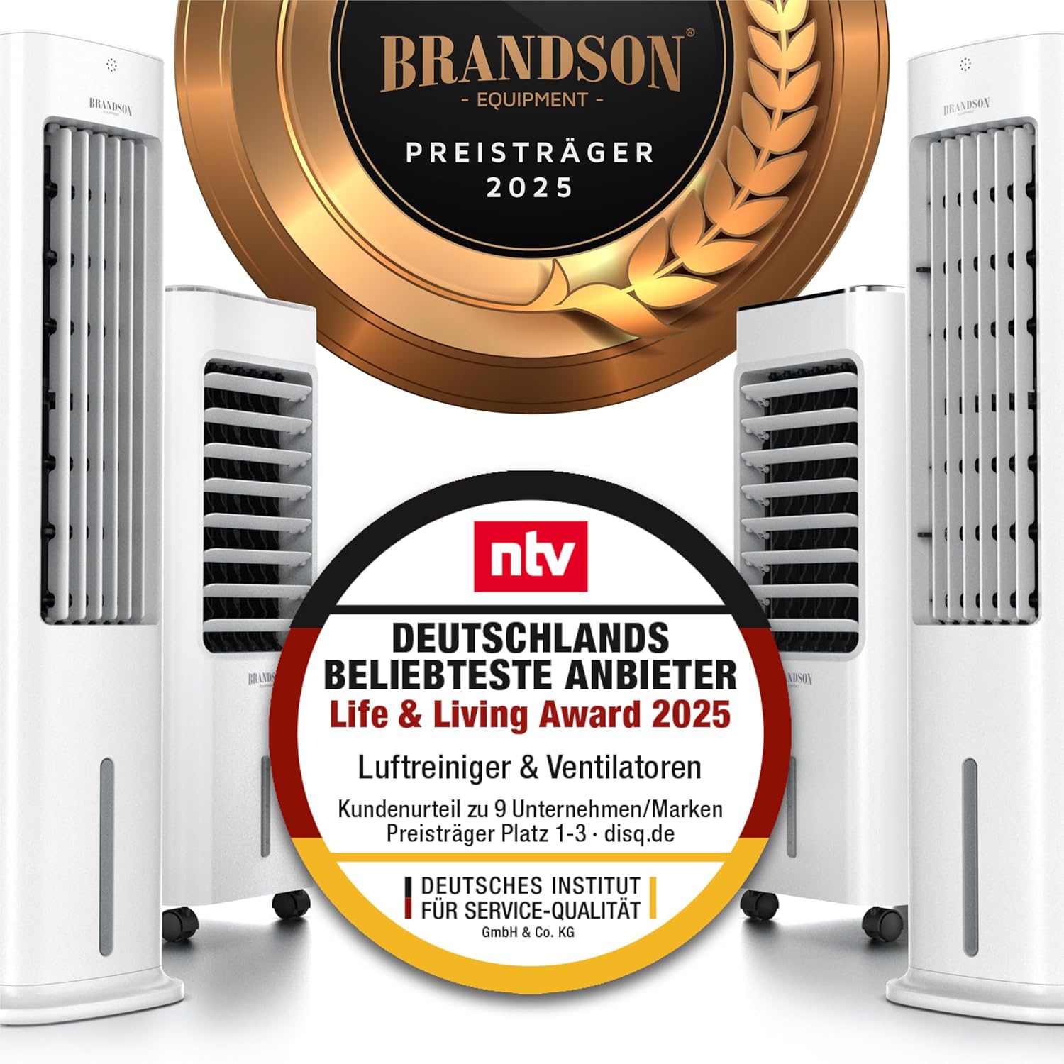 Brandson - Raffrescatore evaporativo 5 in 1 - Refrigeratore evaporativo, umidificatore, ventilatore e purificatore d'aria, condizionatore d'aria portatile senza tubo di scarico - Vincitore del premio 2025 - Silenzioso - Serbatoio dell'acqua da 5 litri