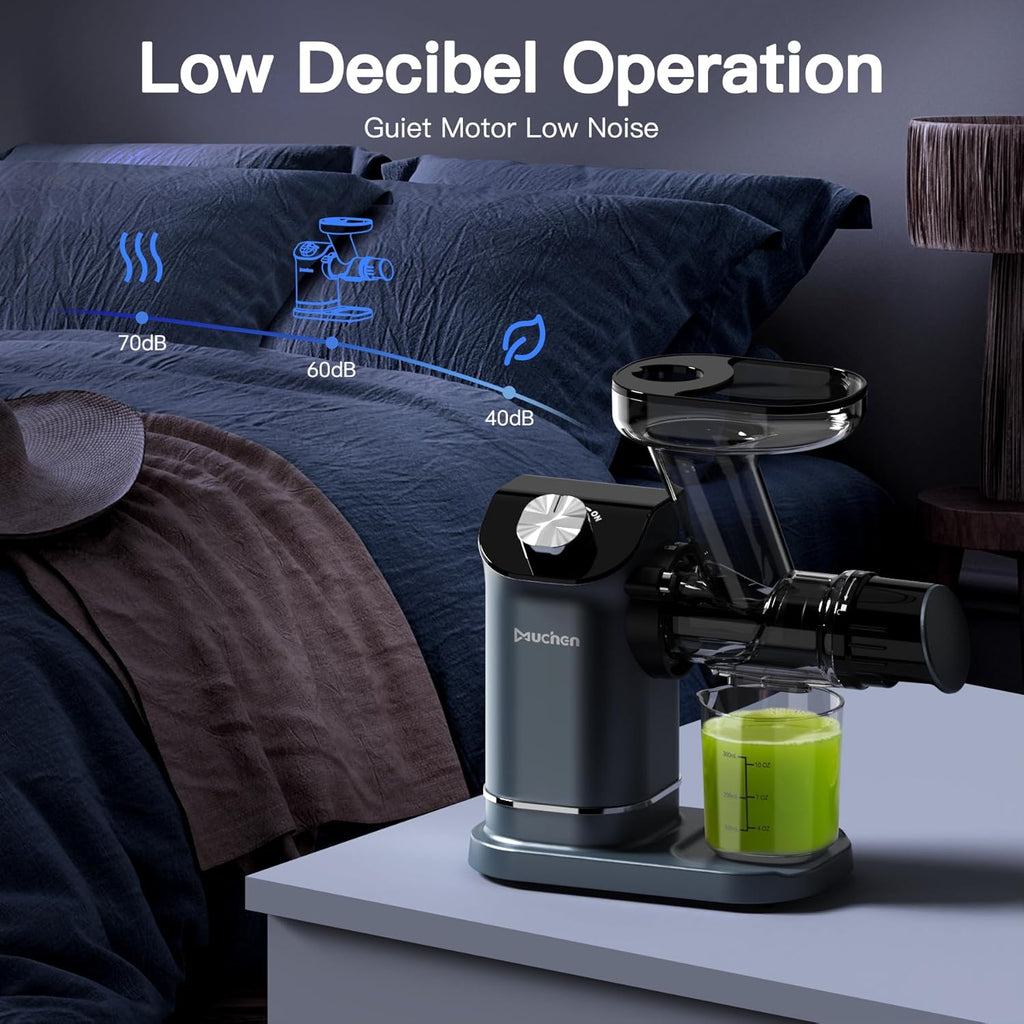 Muchen Slow Juicer Spremiagrumi Estrattore Frutta e Verdura, Vincitore del Test, Motore Silenzioso da 150W, Funzione di Retromarcia, Facile da Pulire, Design in Acciaio Inox Nero e Argento, Inclusivo di Ricettario