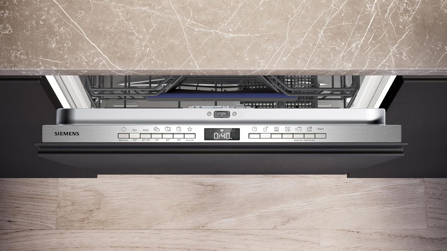 Siemens SN43ES14VE, lavastoviglie intelligente iQ300, lavastoviglie da incasso con cassetto portaposate, 60 cm, apertura automatica della porta grazie ad autoOpen dry, particolarmente silenziosa con motore iQdrive, aquaStop, acciaio inossidabile