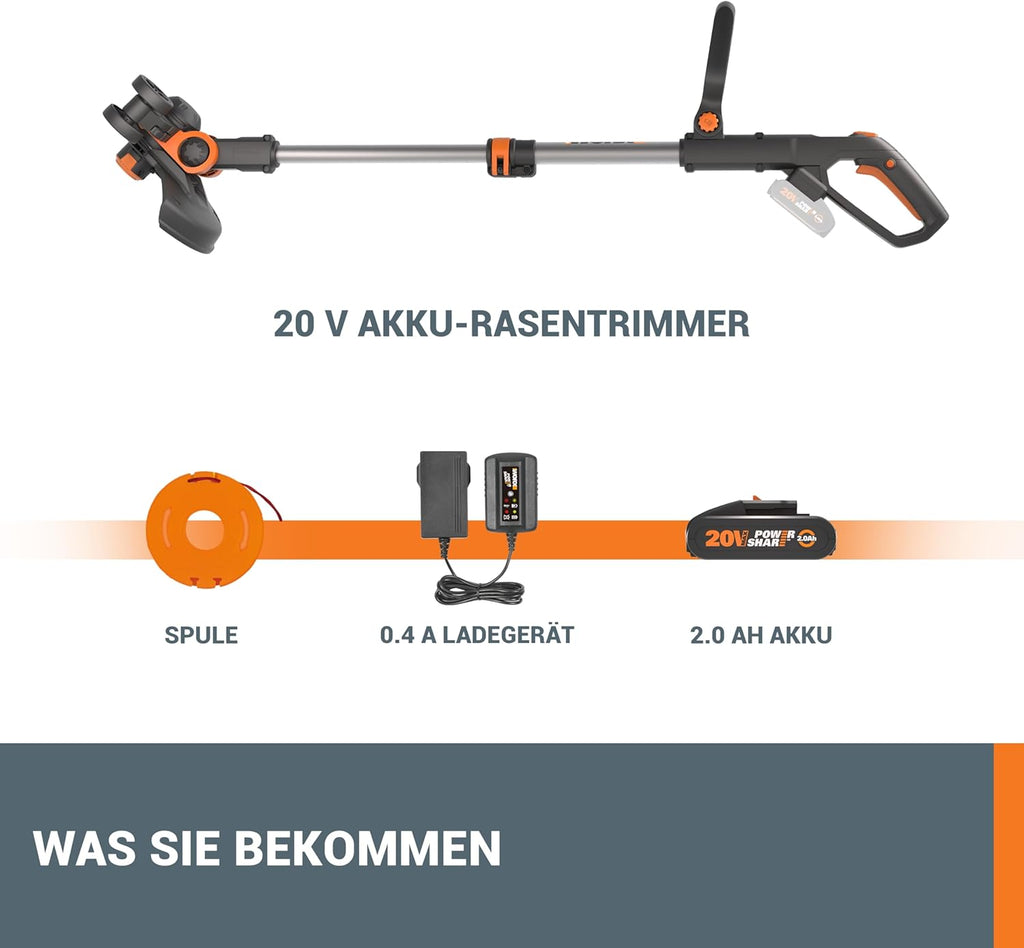 WORX WG163E Akku Rasentrimmer 20V & WG547E.9 Akku-Laubbläser Turbine 20V - höhe Leistung mit Turbinen-Technologie