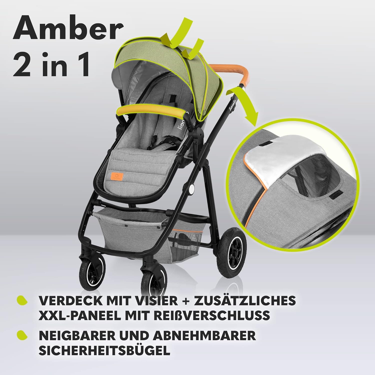 LIONELO Amber Kinderwagen 2 in 1 Kombikinderwagen, Kinderwagen Set mit sportlichen Sitz und fester Babywanne, Tasche, Moskitonetz, Abdeckung Regenblatt (Graphit)