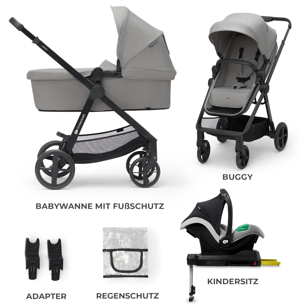 Kinderkraft NEWLY Kinderwagen 3 in 1, Komplettset bis 22 kg, Kindersitz I-Size 40-75 cm im set, Kombikinderwagen mit Fußsack, wasserfestes Verdeck mit UPF50+, Zusammenklappen, Liegeposition, Beige