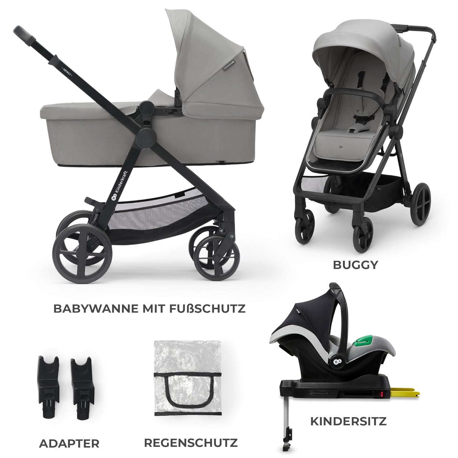 Kinderkraft NEWLY Kinderwagen 3 in 1, Komplettset bis 22 kg, Kindersitz I-Size 40-75 cm im set, Kombikinderwagen mit Fußsack, wasserfestes Verdeck mit UPF50+, Zusammenklappen, Liegeposition, Beige