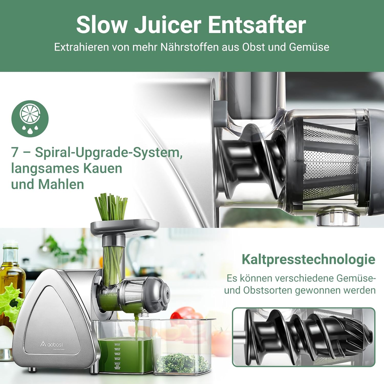 【Neues】Entsafter AOBOSI-Slow juicer mit 2 Geschwindigkeitsstufen-Entsafter gemüse und obst mit 8 stufiger Schnecke-Saftpresse mit Reinigungsbürste&2 Bechern-Obstpresse mit Reversierfunktion