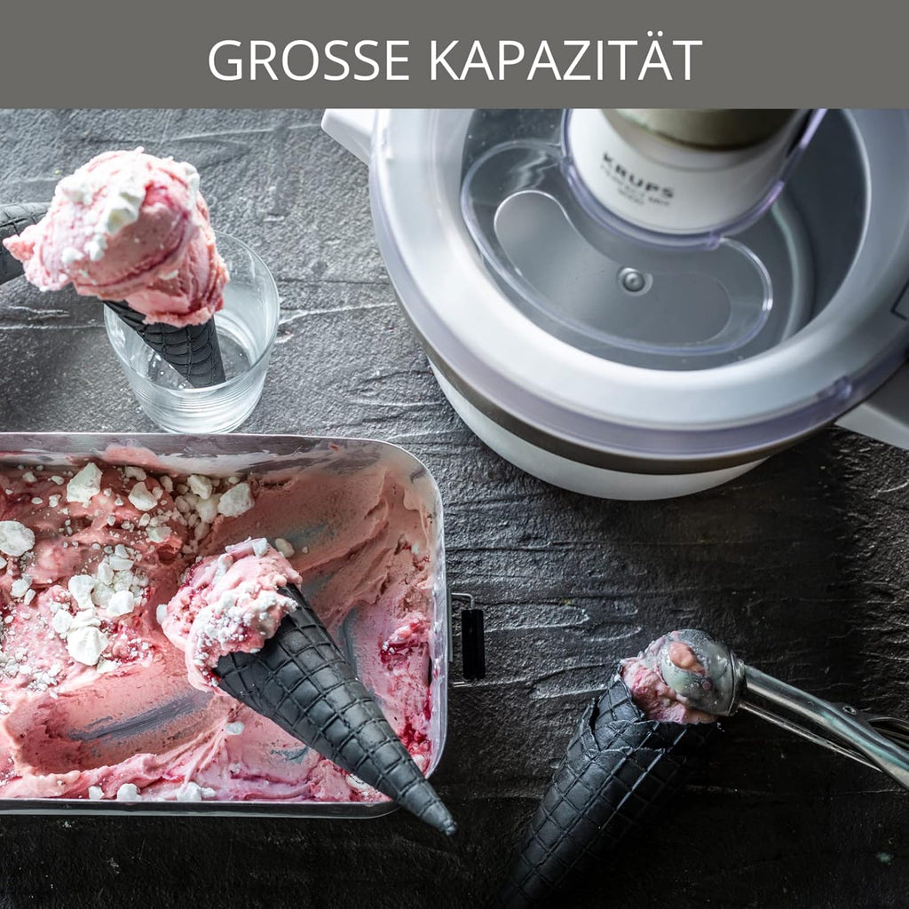 Krups GVS241 Gelatiera Venice Perfect Mix | Gelato, Sorbetto, Frozen Yogurt fatti in casa da 1L | Senza compressore | Ricettario e spatola in silicone inclusi | Display digitale e segnale acustico, bianco
