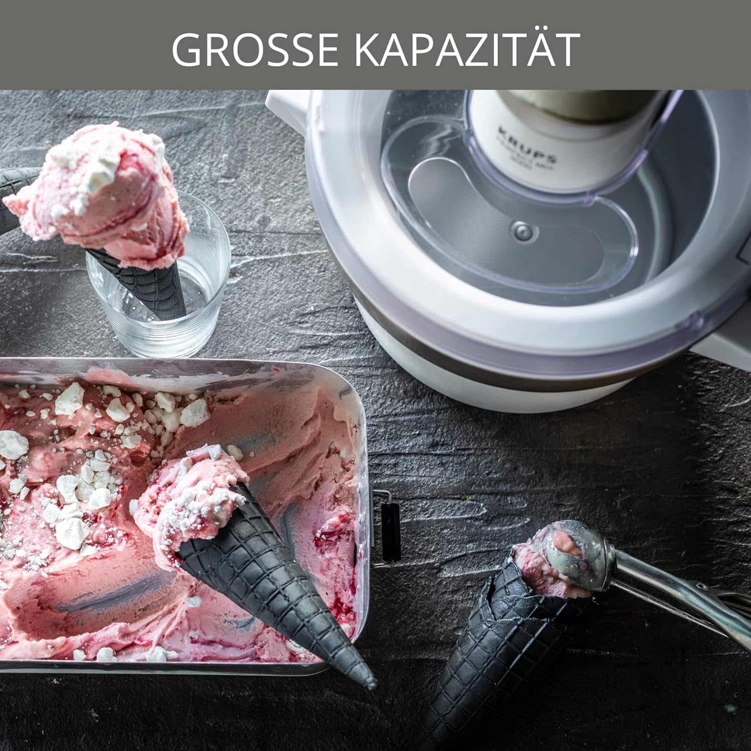 Krups GVS241 Gelatiera Venice Perfect Mix | Gelato, Sorbetto, Frozen Yogurt fatti in casa da 1L | Senza compressore | Ricettario e spatola in silicone inclusi | Display digitale e segnale acustico, bianco