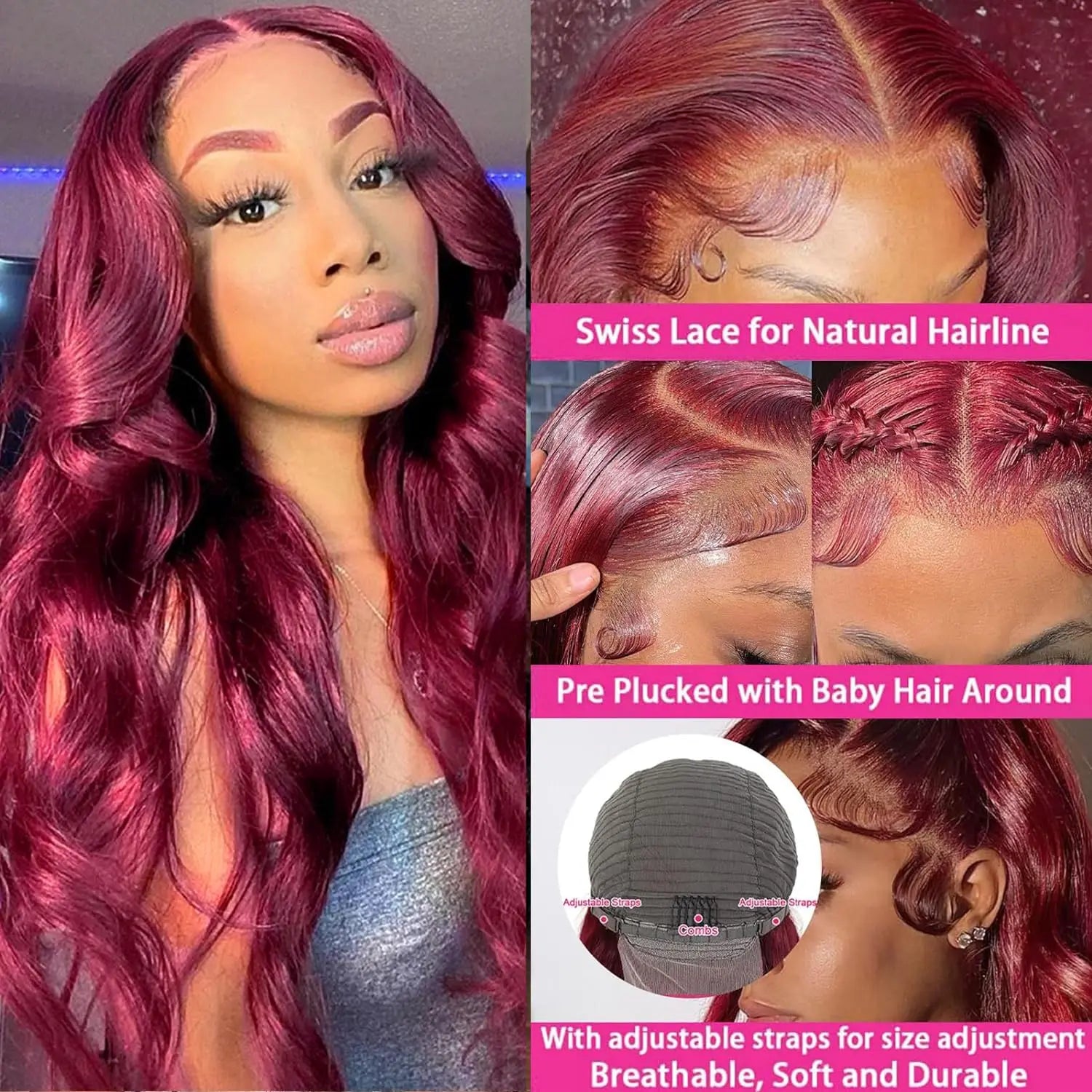 Bellezza infuocata: Parrucca Body Wave bordeaux con parte frontale in pizzo 99J in capelli veri