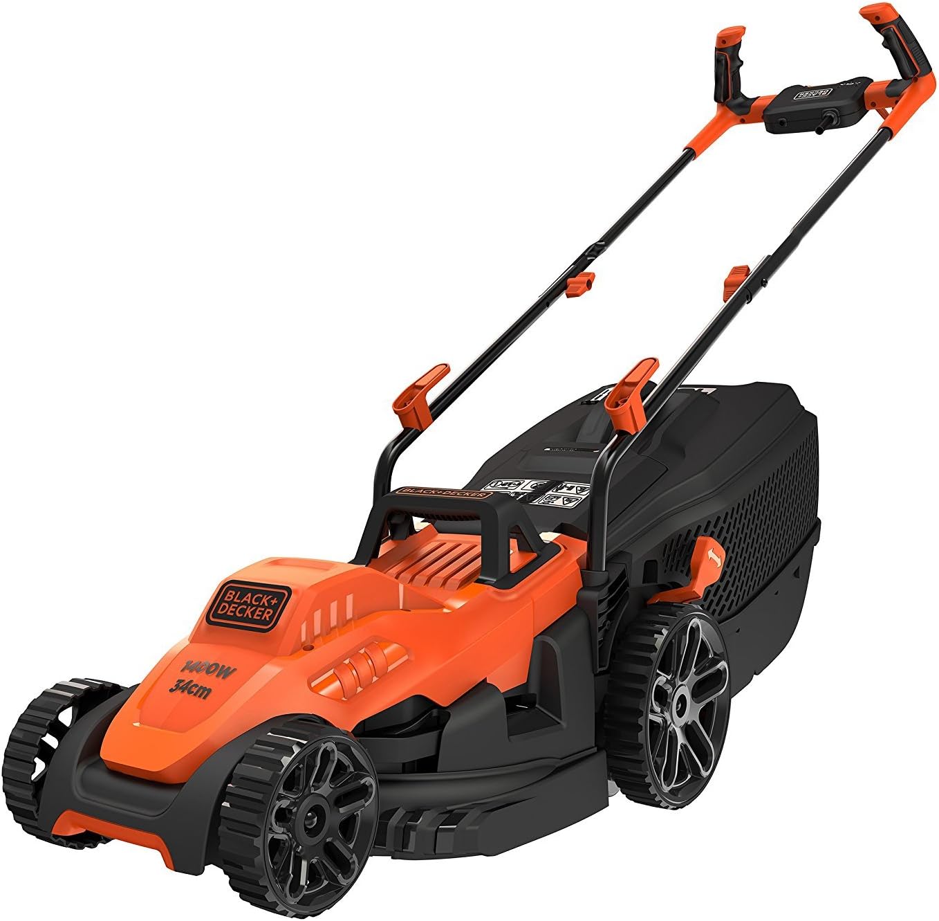 Black+Decker Tagliaerba Elettrico con Impugnatura a Manubrio BEMW461BH (1.400W, Larghezza di Taglio 34cm, 6 Altezze di Taglio, Cesto di Raccolta da 40l, Ideale per Giardini di Medie Dimensioni)