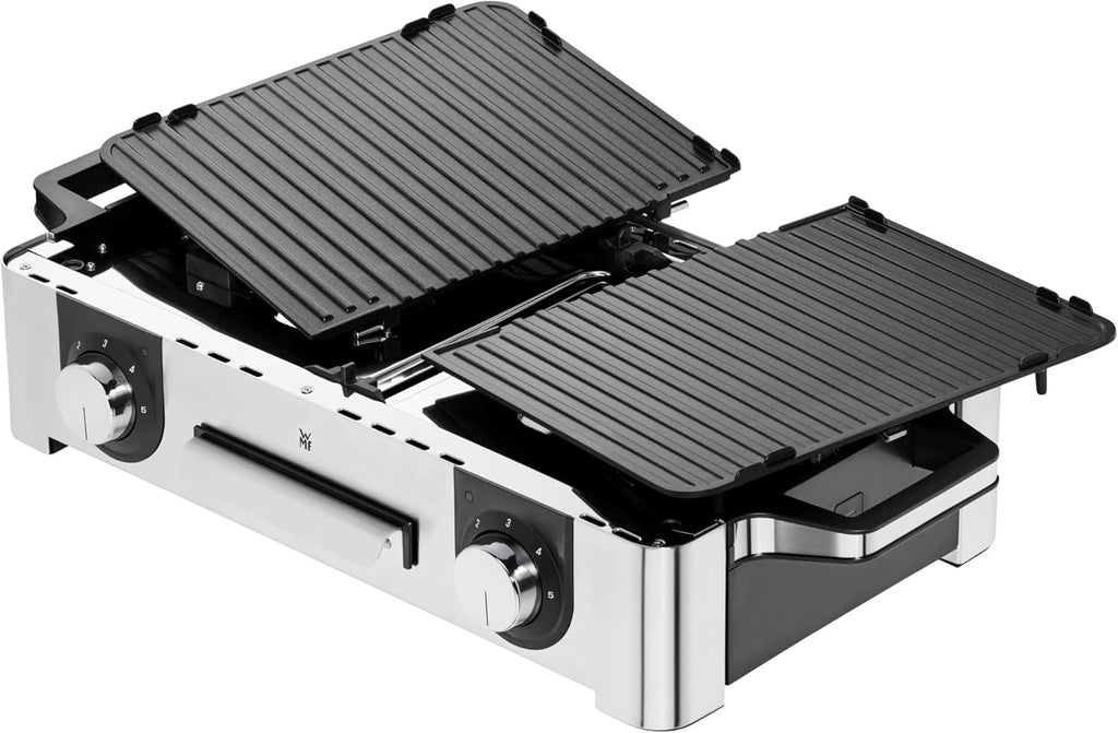 WMF Lono Master-Grill, Grill Elettrico, 50x28 cm, Grill Elettrico da Tavolo con Paravento e Vaschetta Raccogligocce, Certificato per Esterni per Barbecue, 2 Superfici di Cottura Regolabili Separatamente, 2400 W, Acciaio Inossidabile Opaco