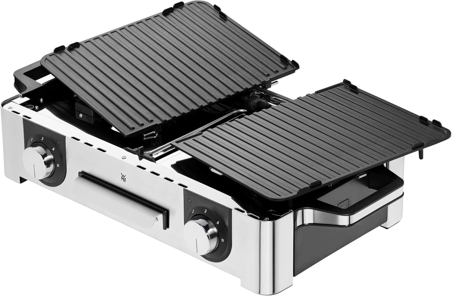 WMF Lono Master-Grill, Grill Elettrico, 50x28 cm, Grill Elettrico da Tavolo con Paravento e Vaschetta Raccogligocce, Certificato per Esterni per Barbecue, 2 Superfici di Cottura Regolabili Separatamente, 2400 W, Acciaio Inossidabile Opaco