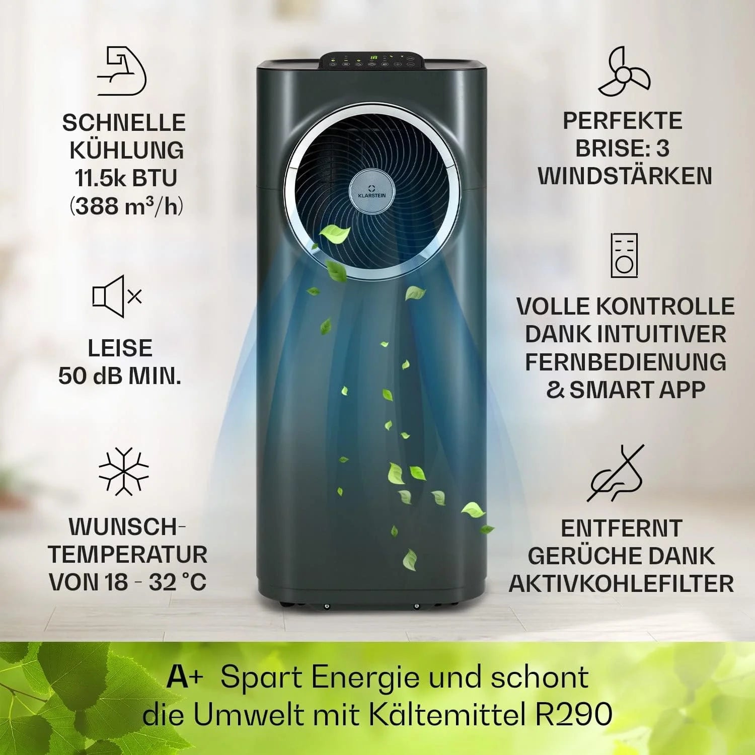 Klarstein Condizionatore Portatile 5-in-1 con Tubo di Scarico, Ventilatore, Deumidificatore, Purificatore d'Aria e Modalità Notturna, Controllo tramite App, Piccolo e Portatile, per Casa e Ufficio, 12000 BTU