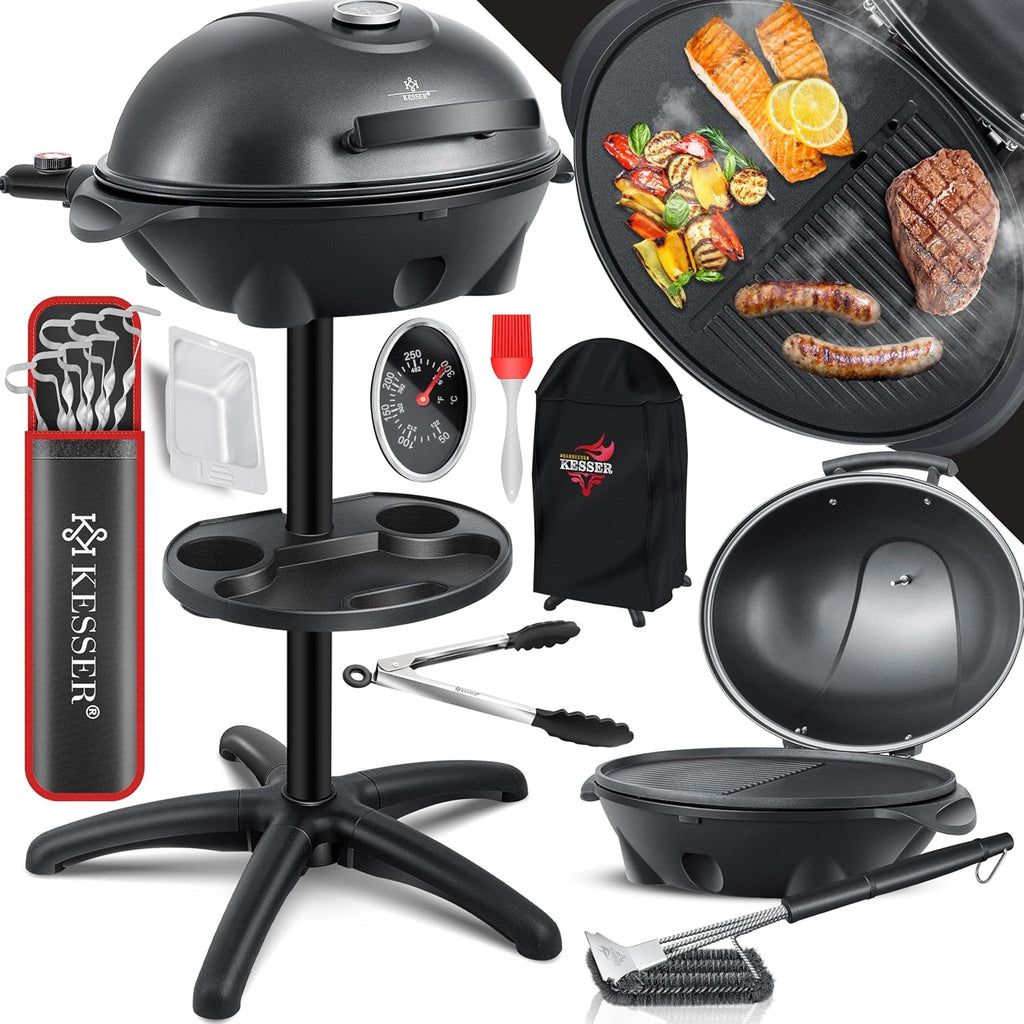 KESSER® Barbecue elettrico 2 in 1 da tavolo e da terra con coperchio, base, termometro max. 2400 Watt, piastra antiaderente XXL, ripiano, barbecue elettrico a colonna, set per barbecue incluso